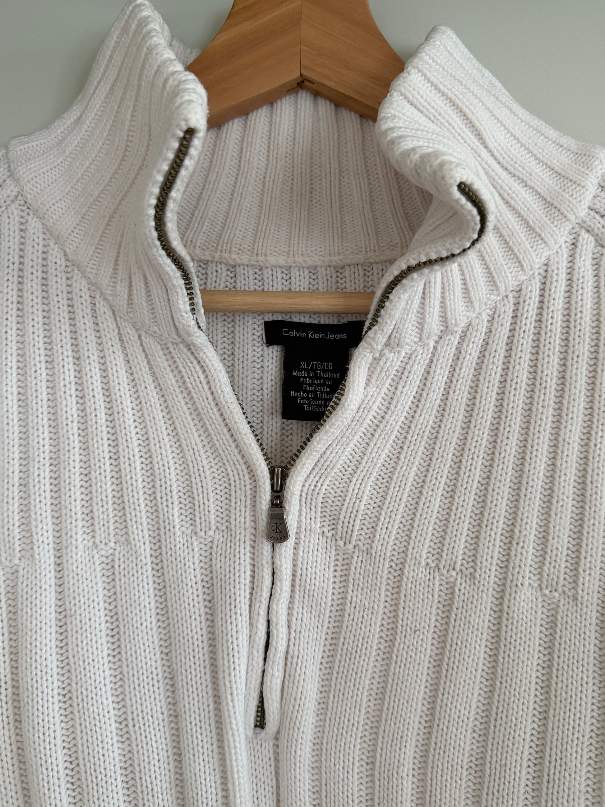 Vintage Calvin Klein White Ribbed Quarter-Zip Sweater (XL/XXL)