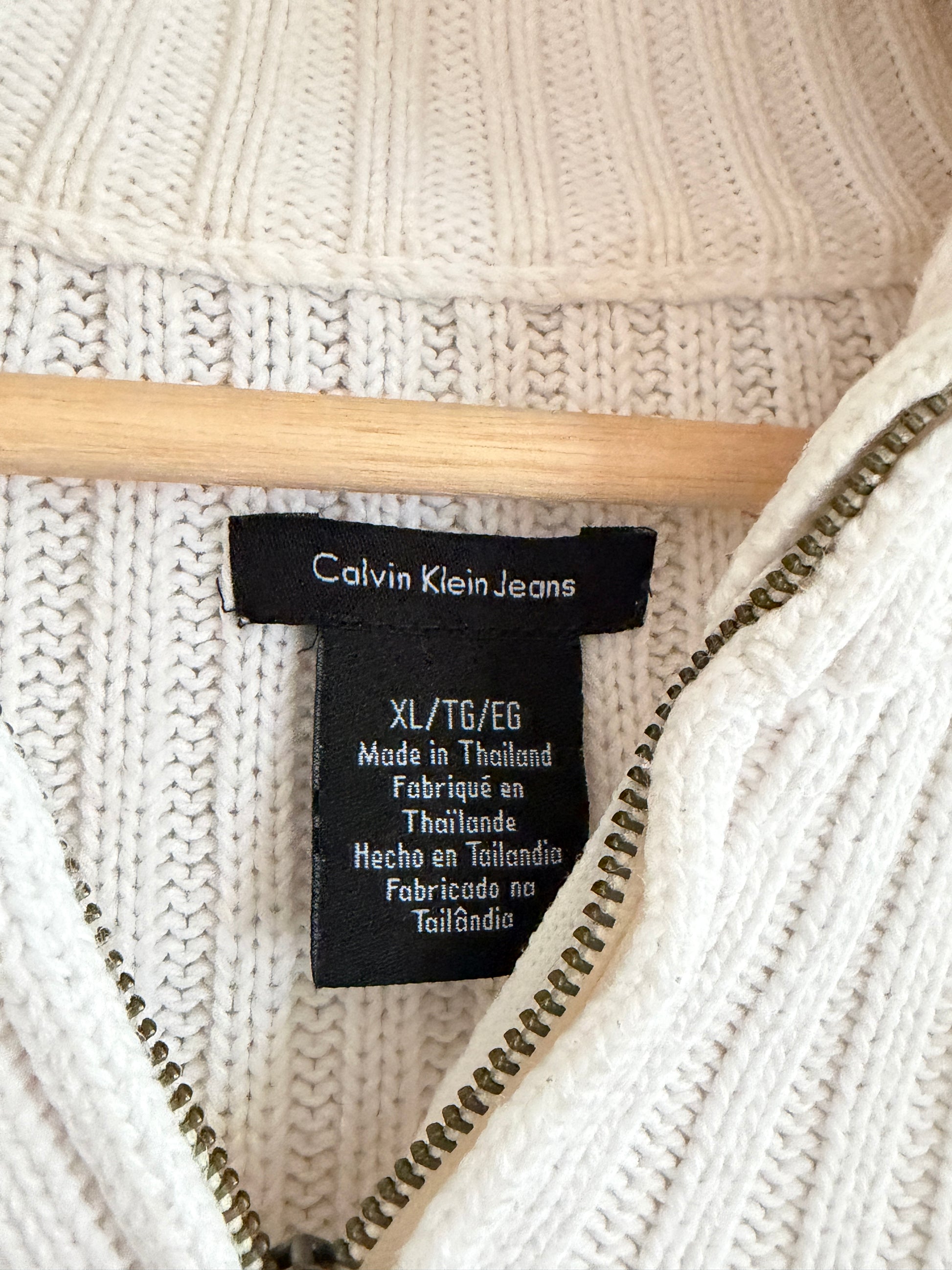 Vintage Calvin Klein White Ribbed Quarter-Zip Sweater (XL/XXL)