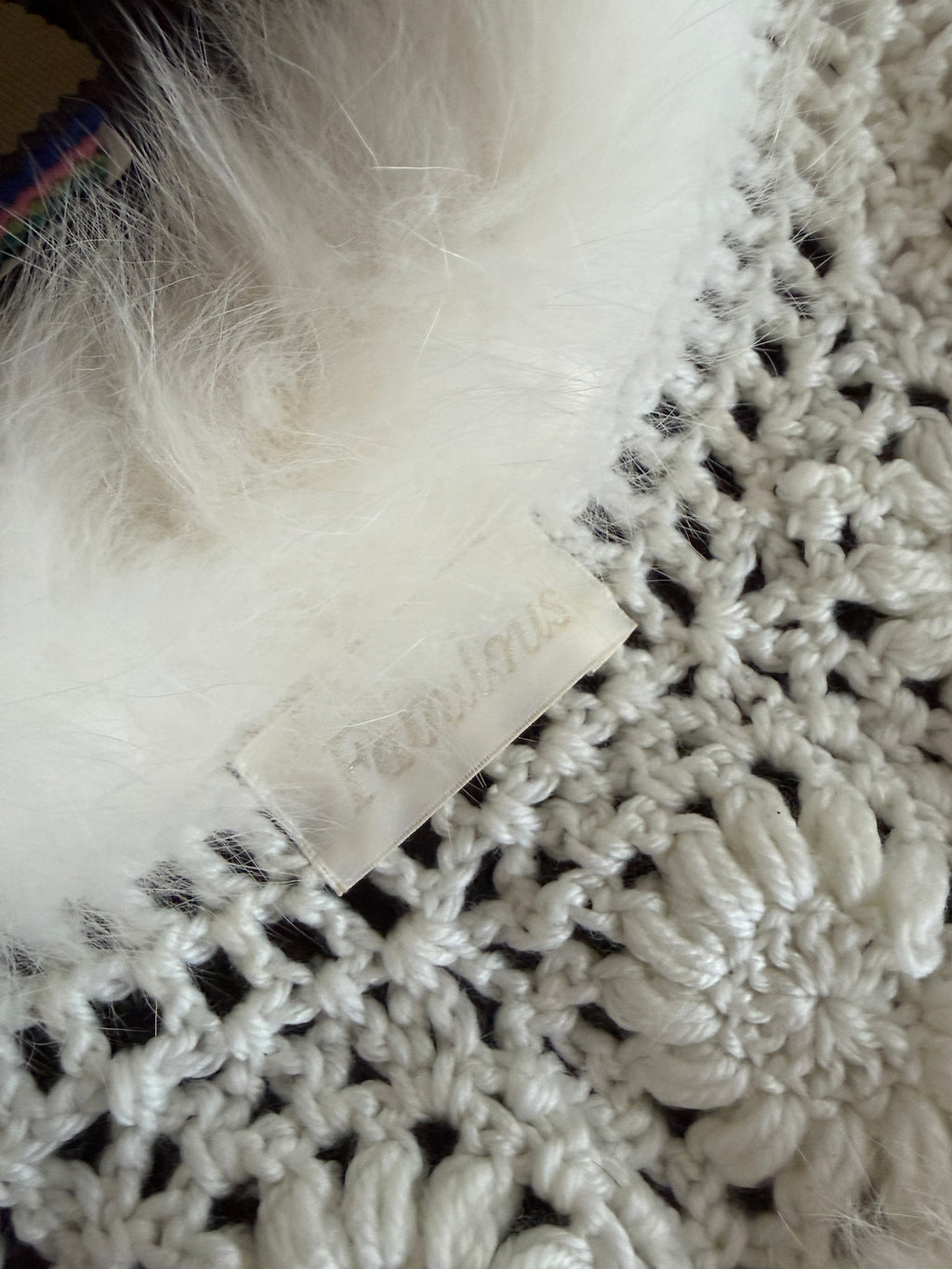 Vintage White Crochet & Faux Fur Shawl