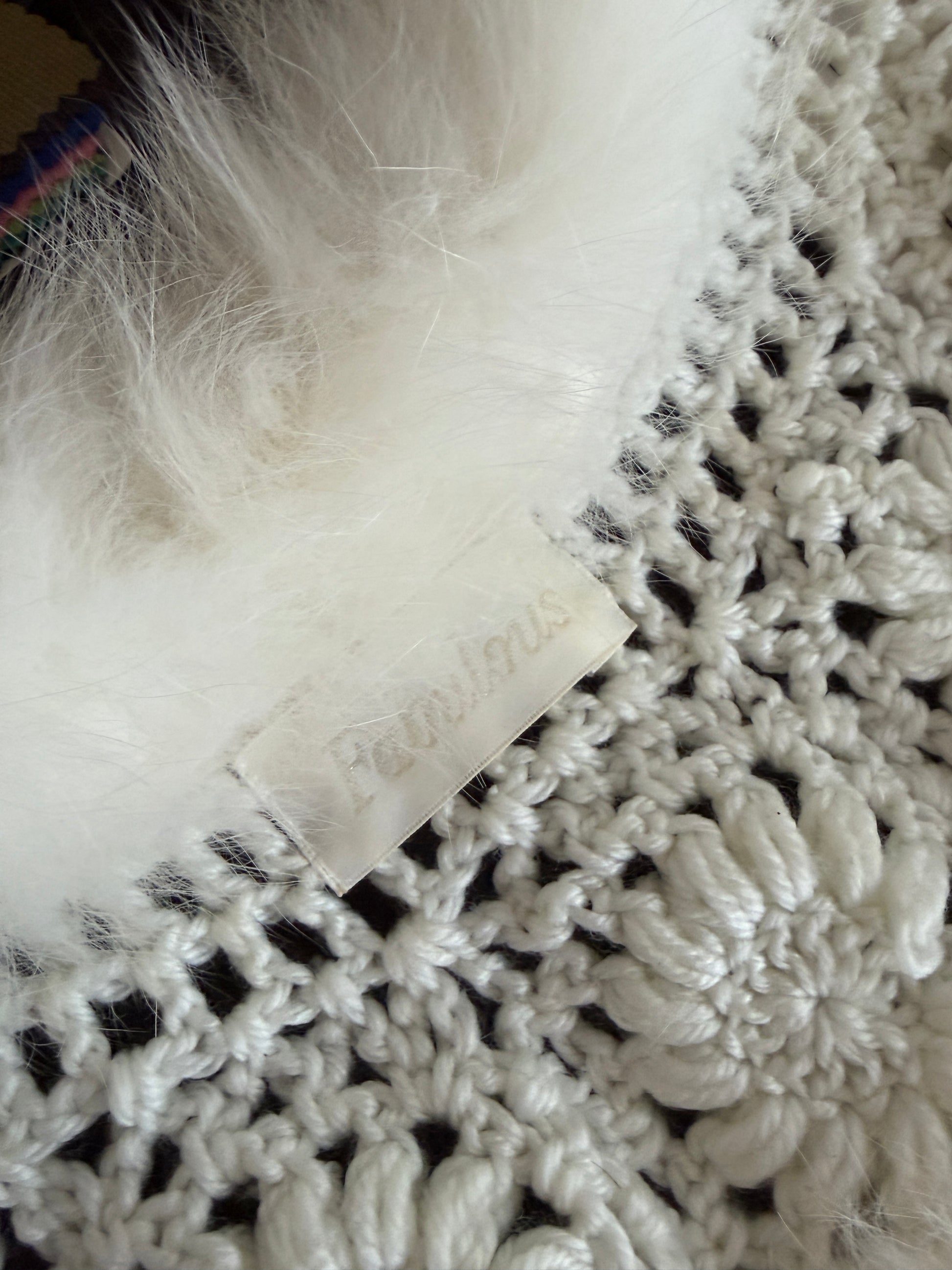 Vintage White Crochet & Faux Fur Shawl