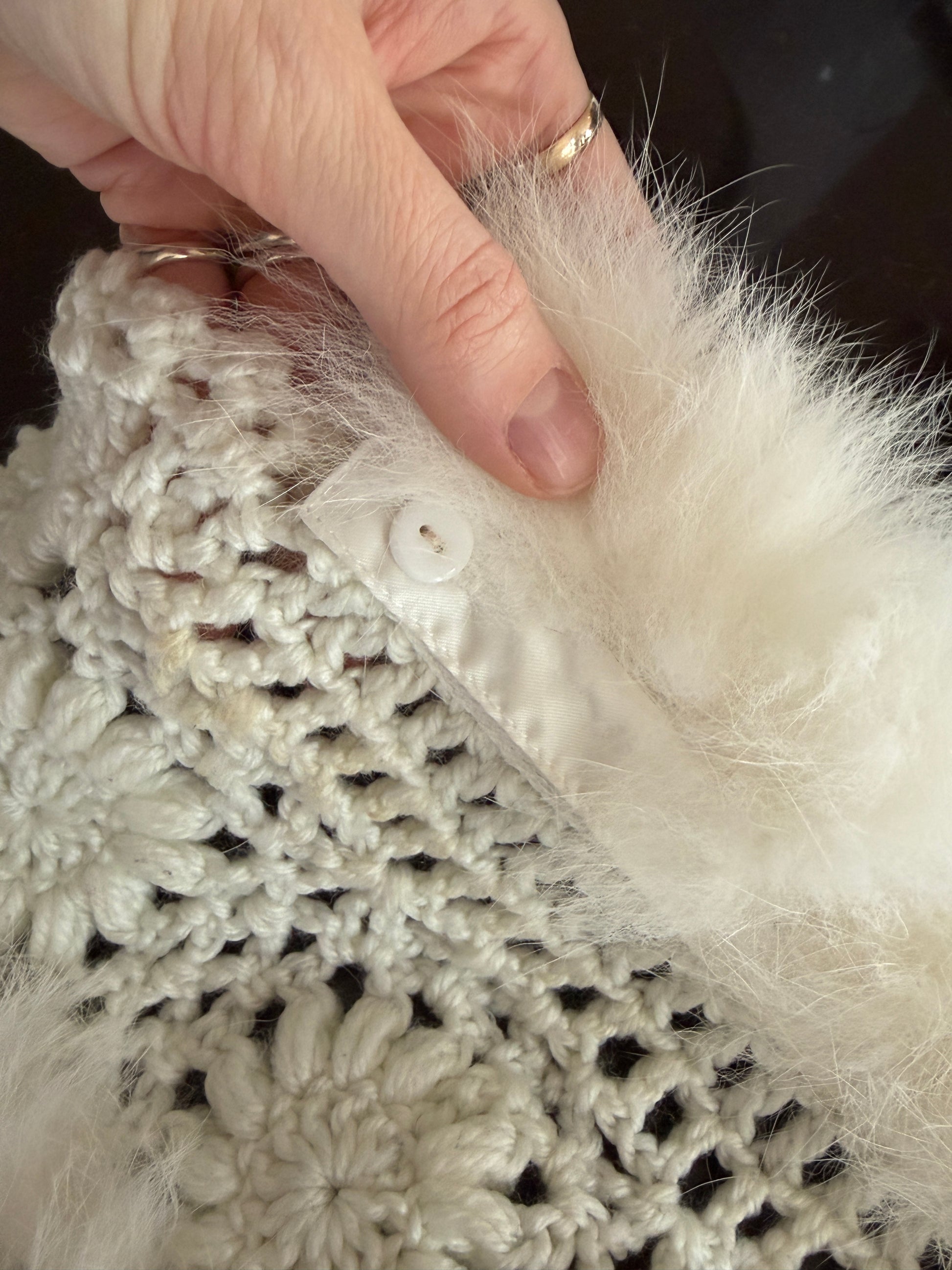 Vintage White Crochet & Faux Fur Shawl