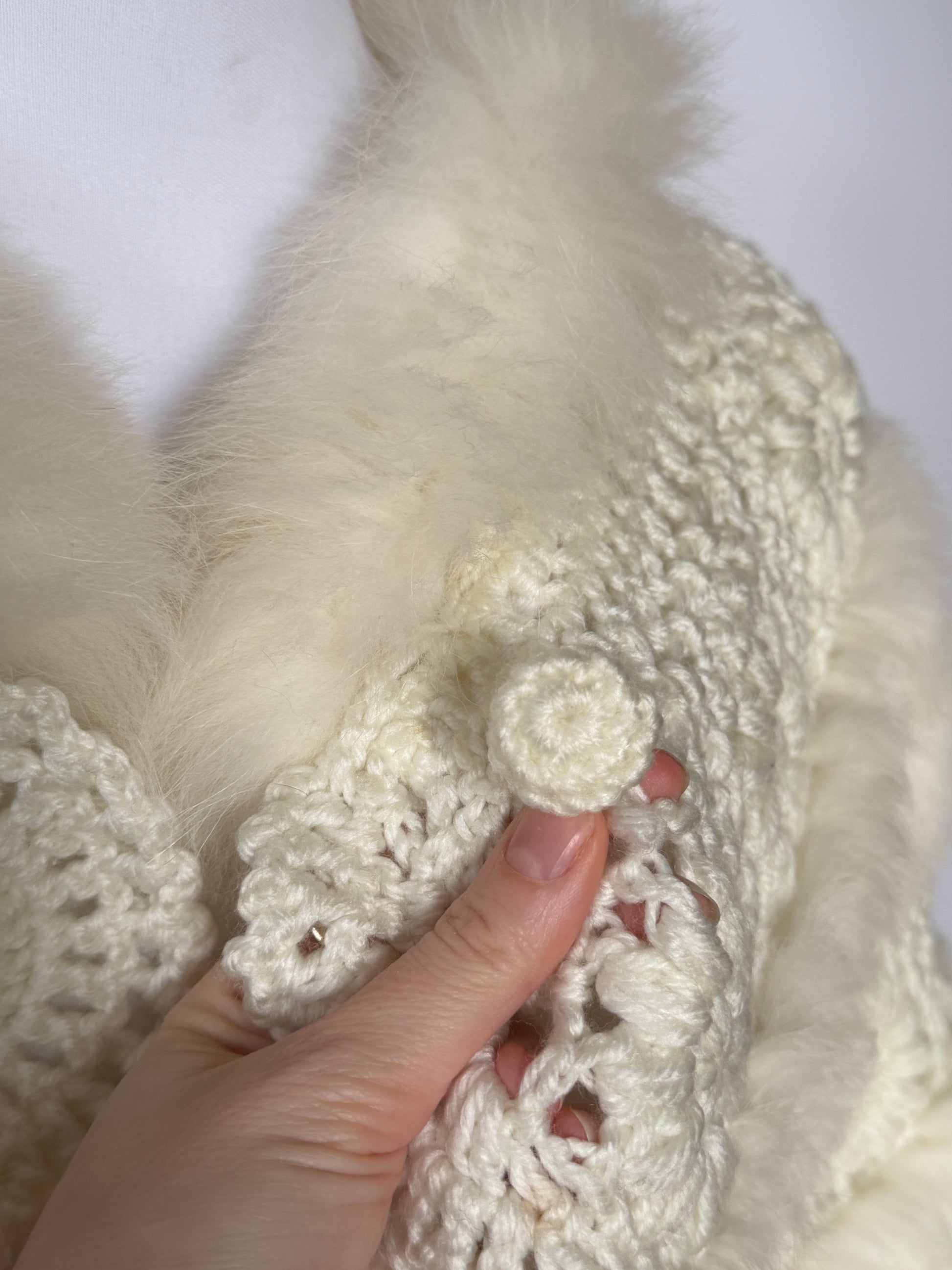 Vintage White Crochet & Faux Fur Shawl