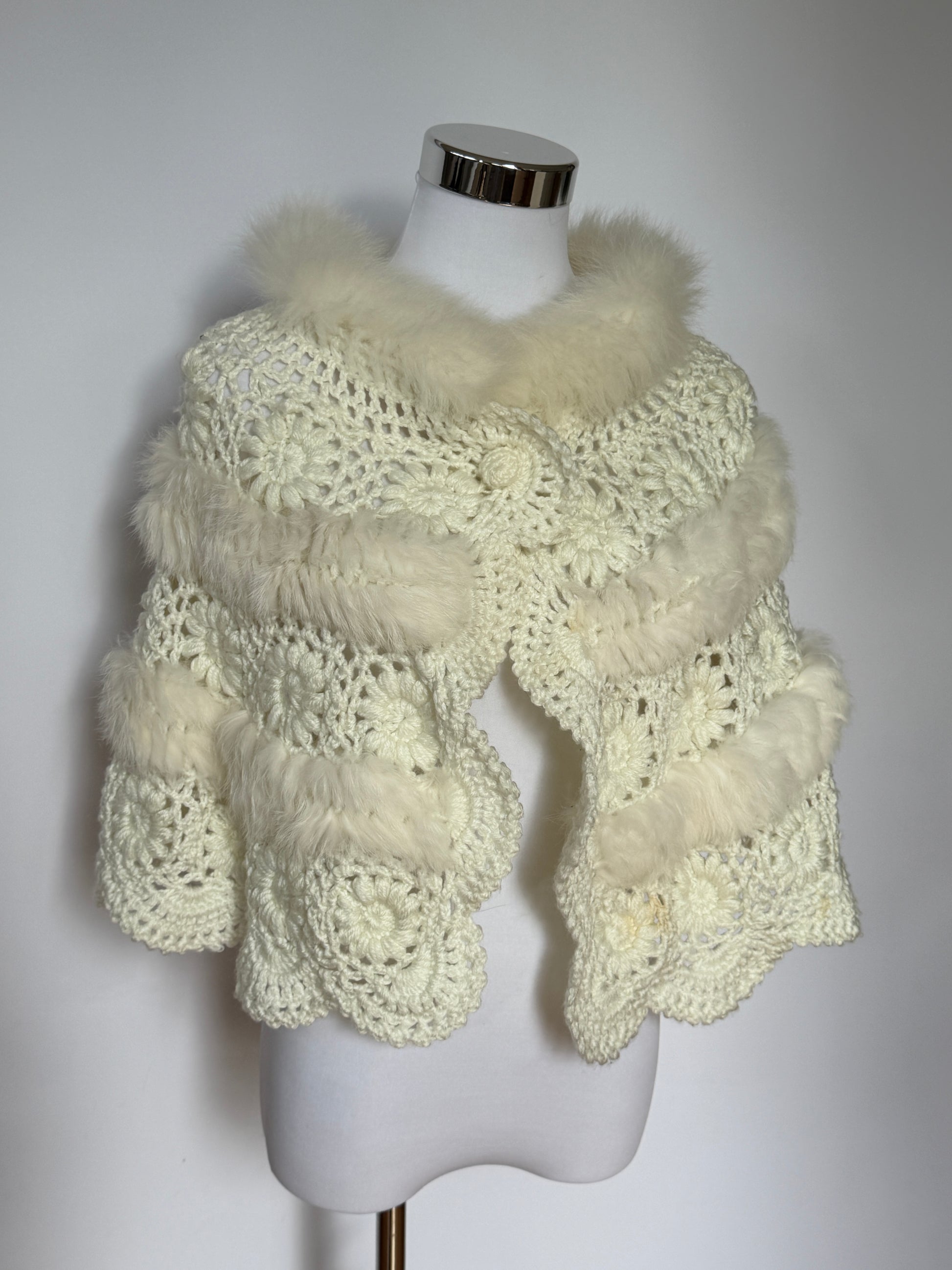 Vintage White Crochet & Faux Fur Shawl