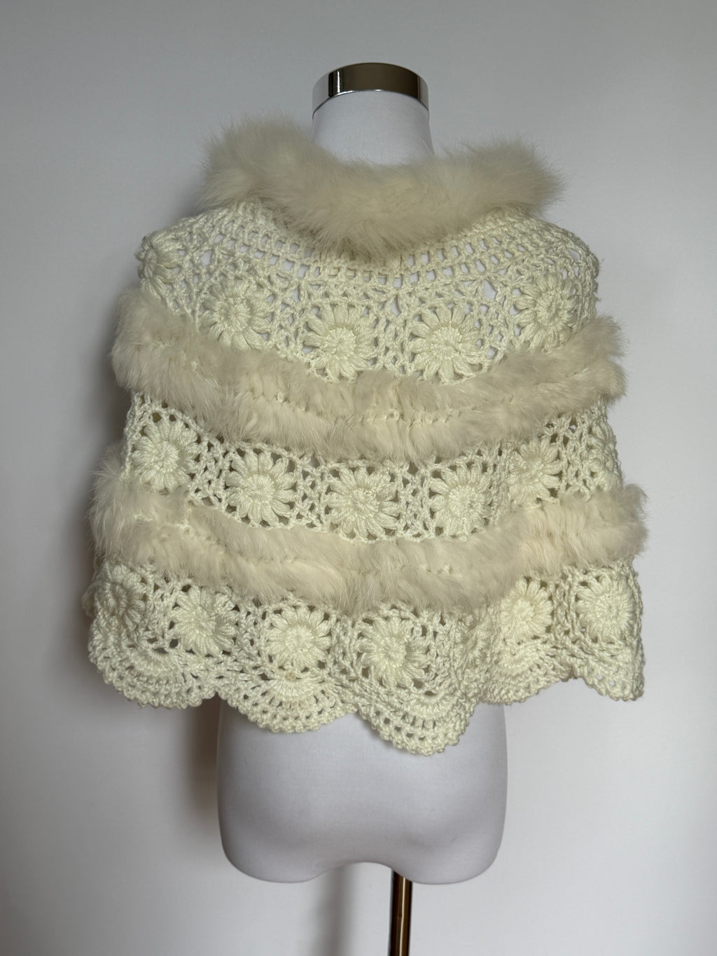 Vintage White Crochet & Faux Fur Shawl
