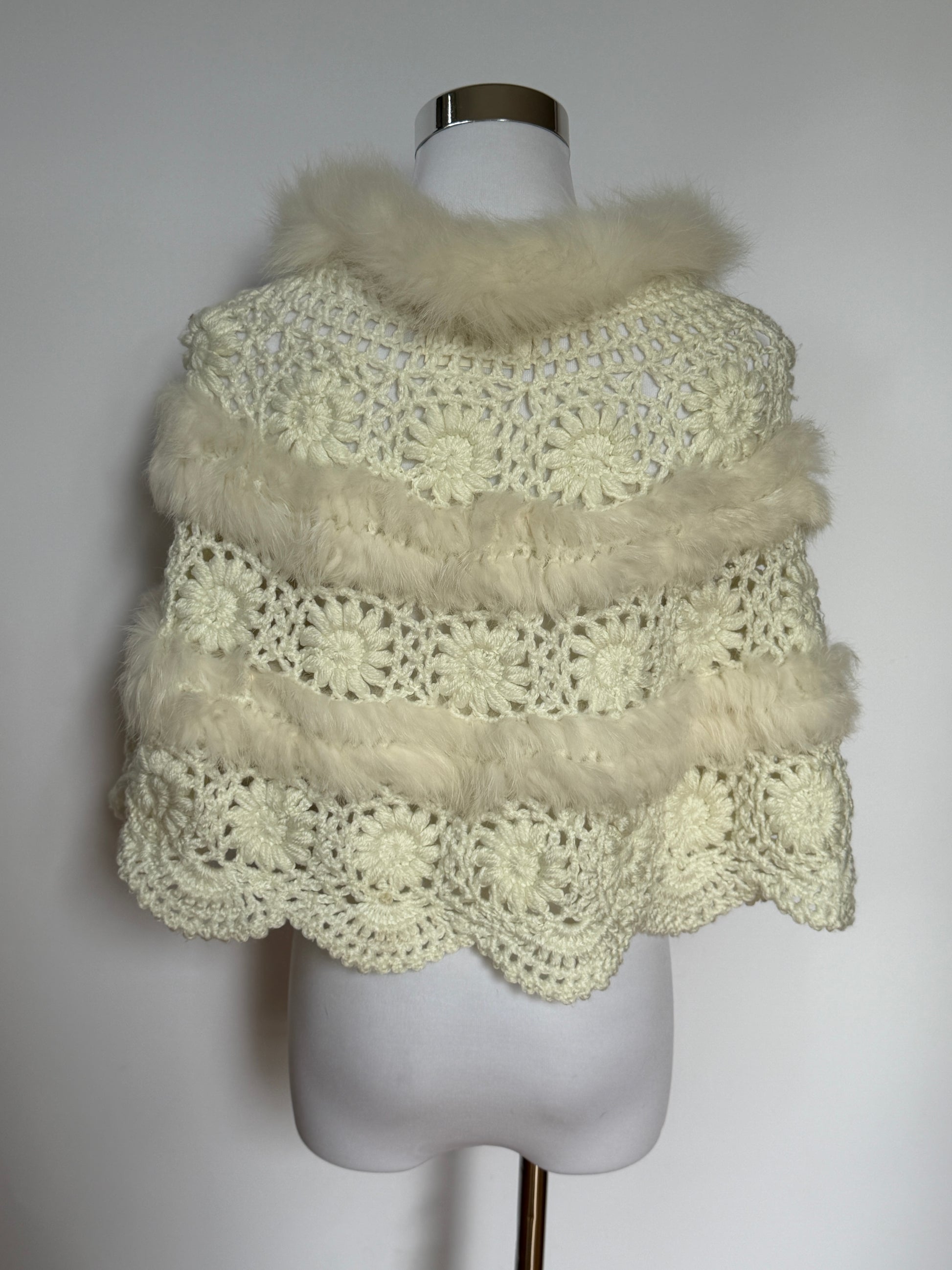 Vintage White Crochet & Faux Fur Shawl