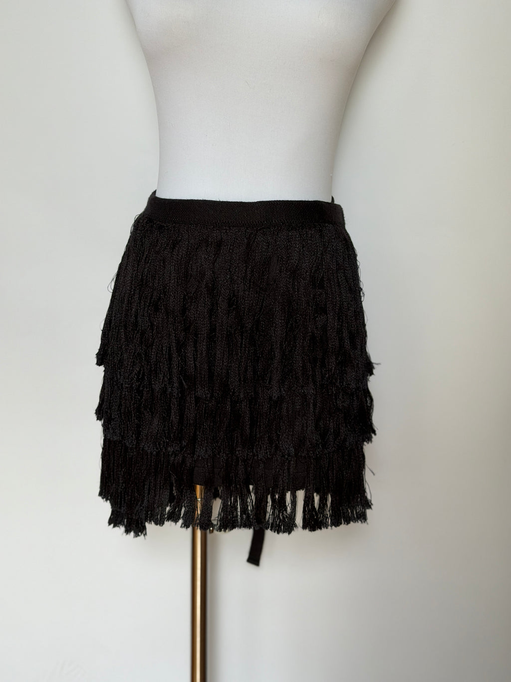 Vintage Black Knitted Fringe Wrap Mini Skirt (XS–M)