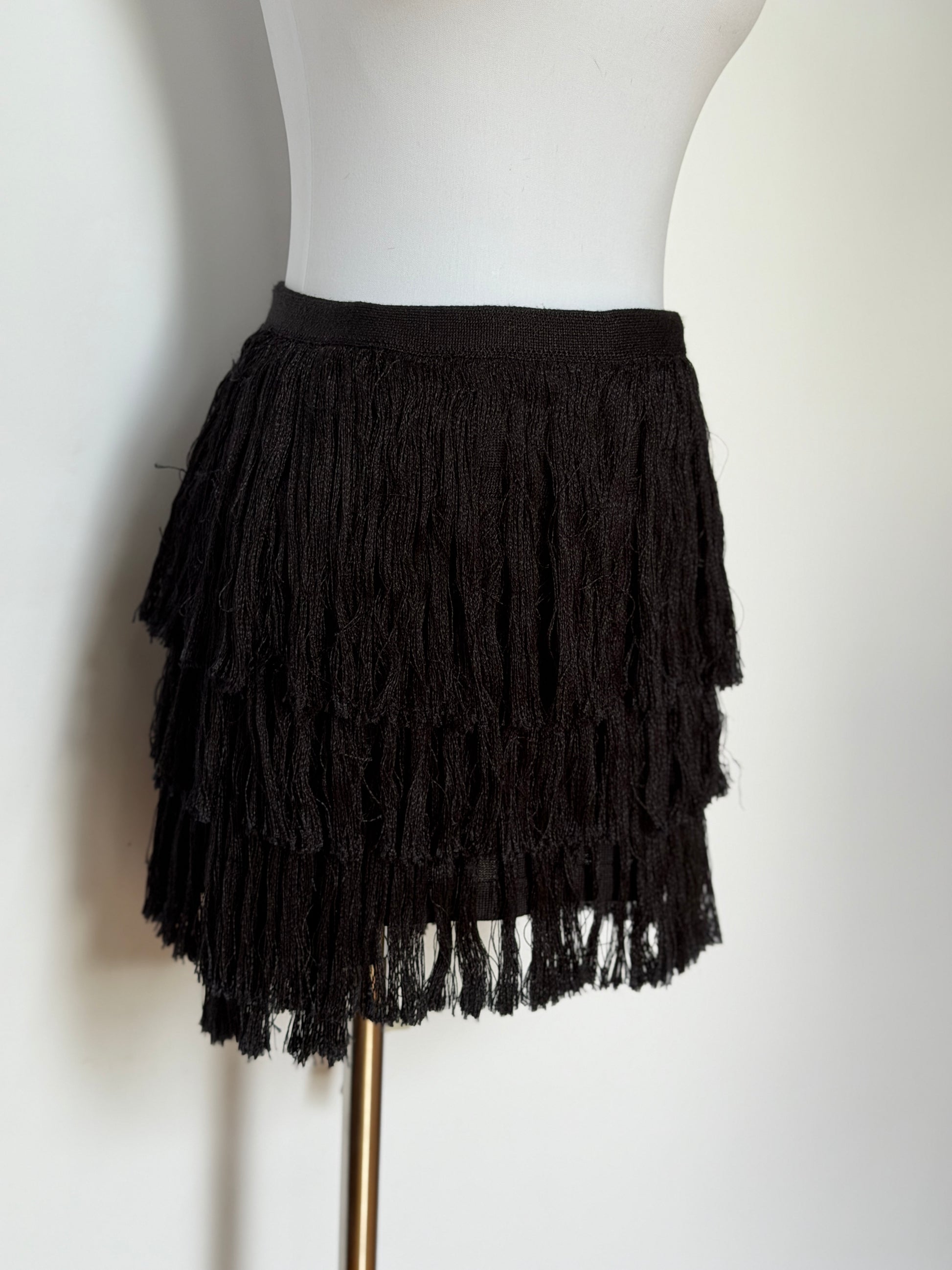 Vintage Black Knitted Fringe Wrap Mini Skirt (XS–M)
