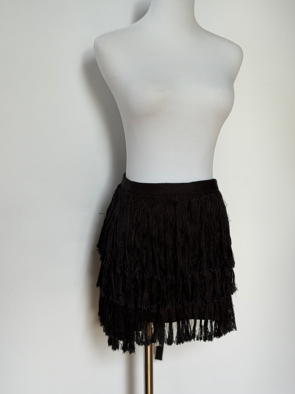 Vintage Black Knitted Fringe Wrap Mini Skirt (XS–M)