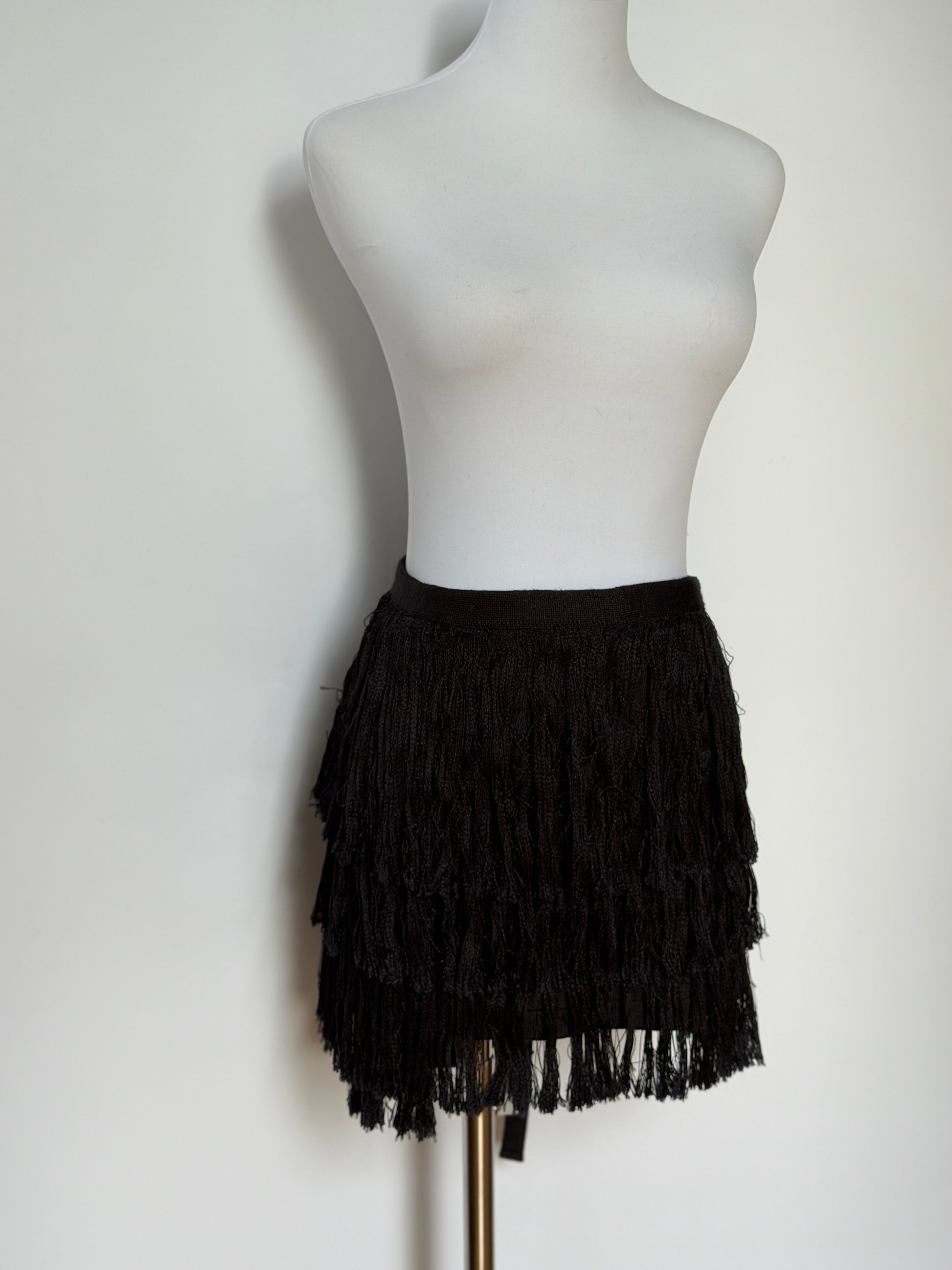 Vintage Black Knitted Fringe Wrap Mini Skirt (XS–M)