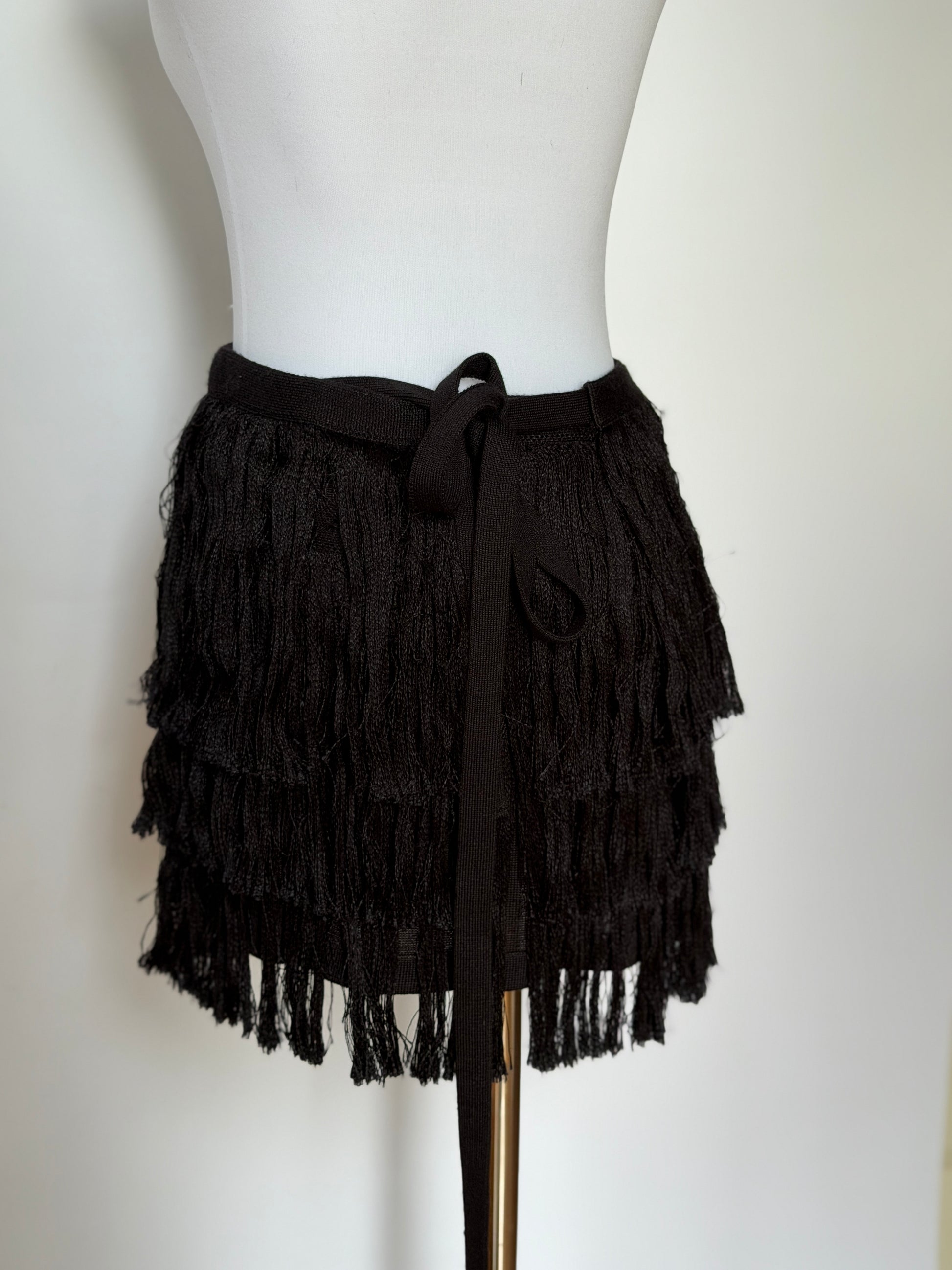 Vintage Black Knitted Fringe Wrap Mini Skirt (XS–M)
