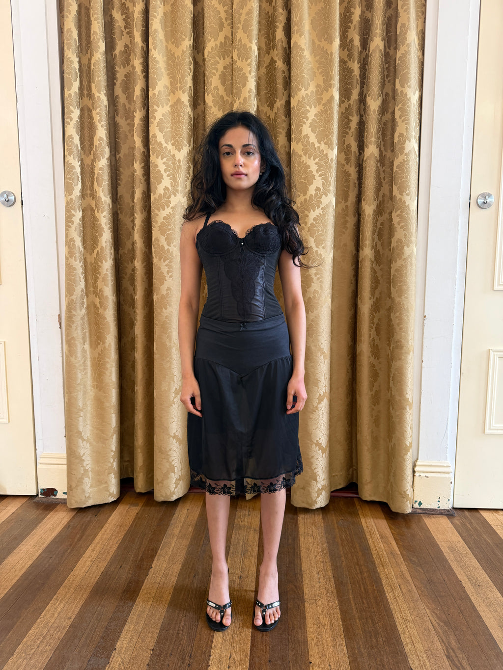 Black Slip Skirt with V Waist Band & Lace Hem (S)