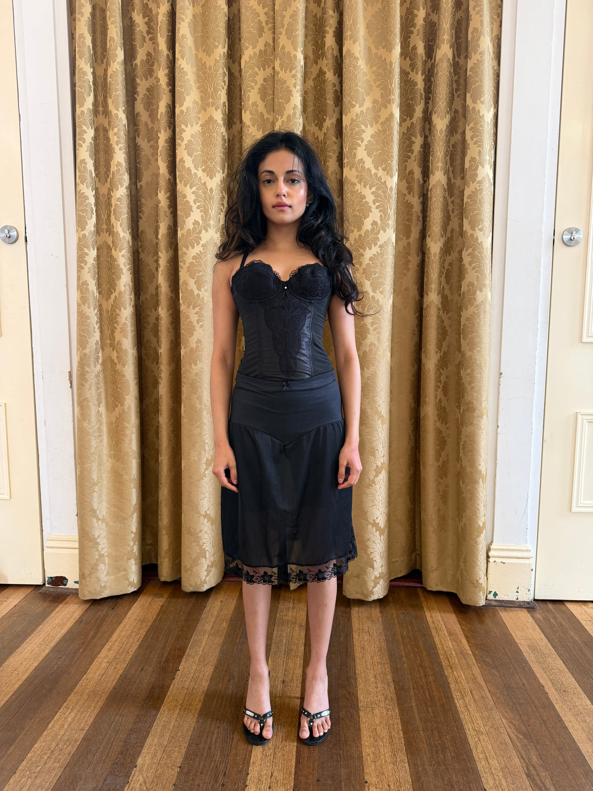 Black Slip Skirt with V Waist Band & Lace Hem (S)