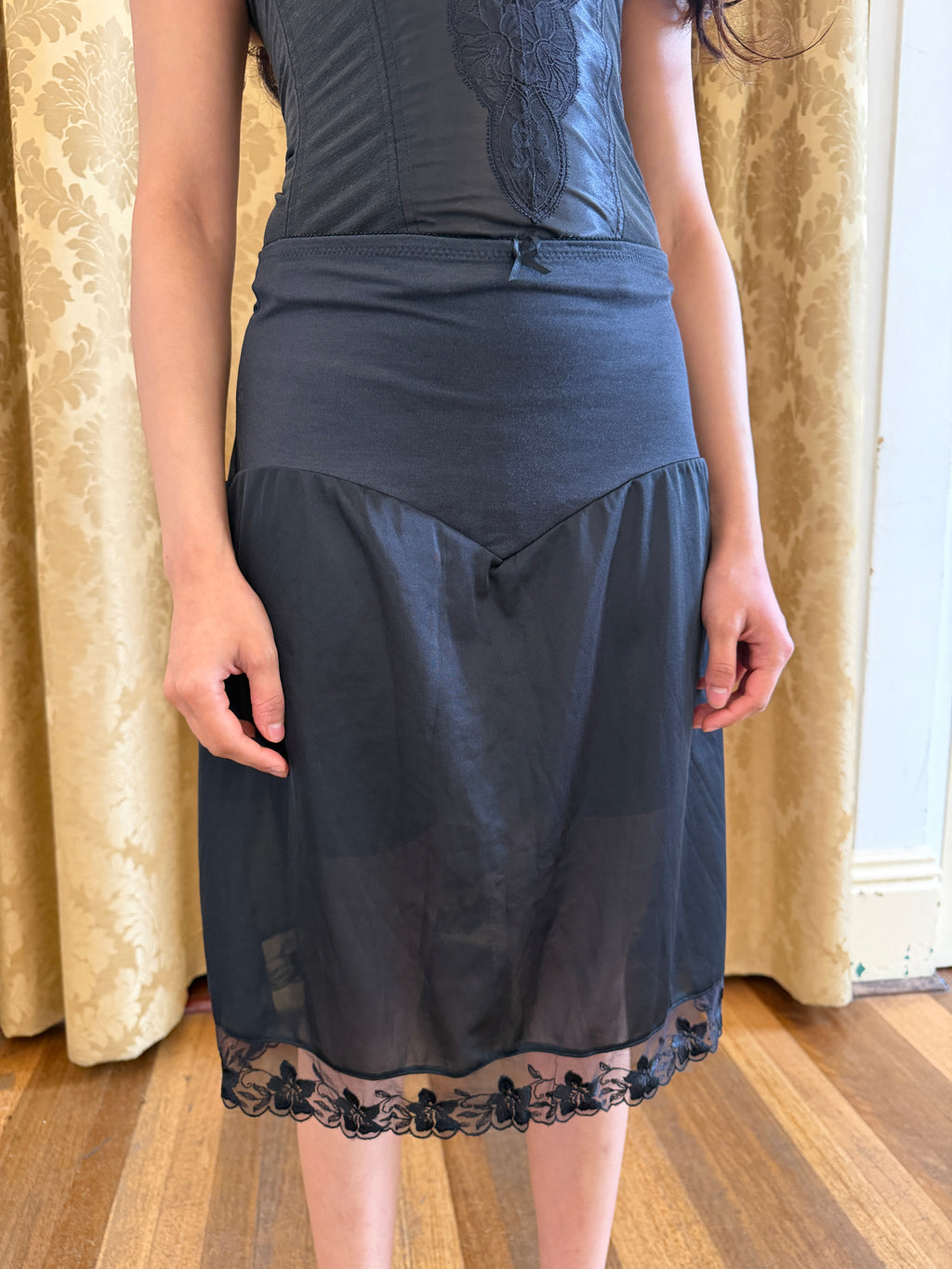 Black Slip Skirt with V Waist Band & Lace Hem (S)