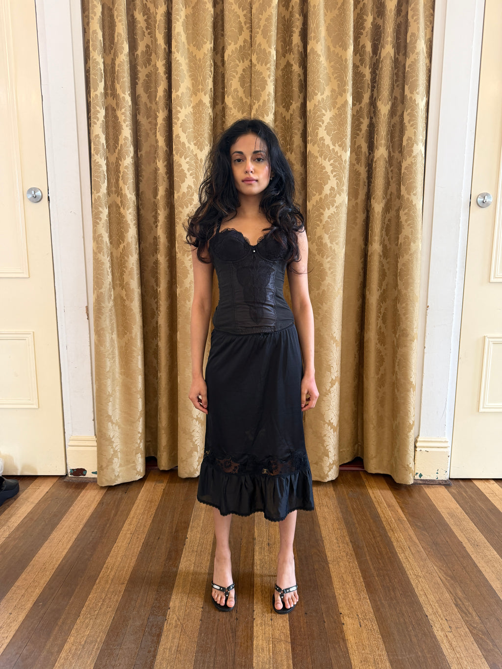 Black Midi Slip Skirt with Lace Ruffle Detail (S)
