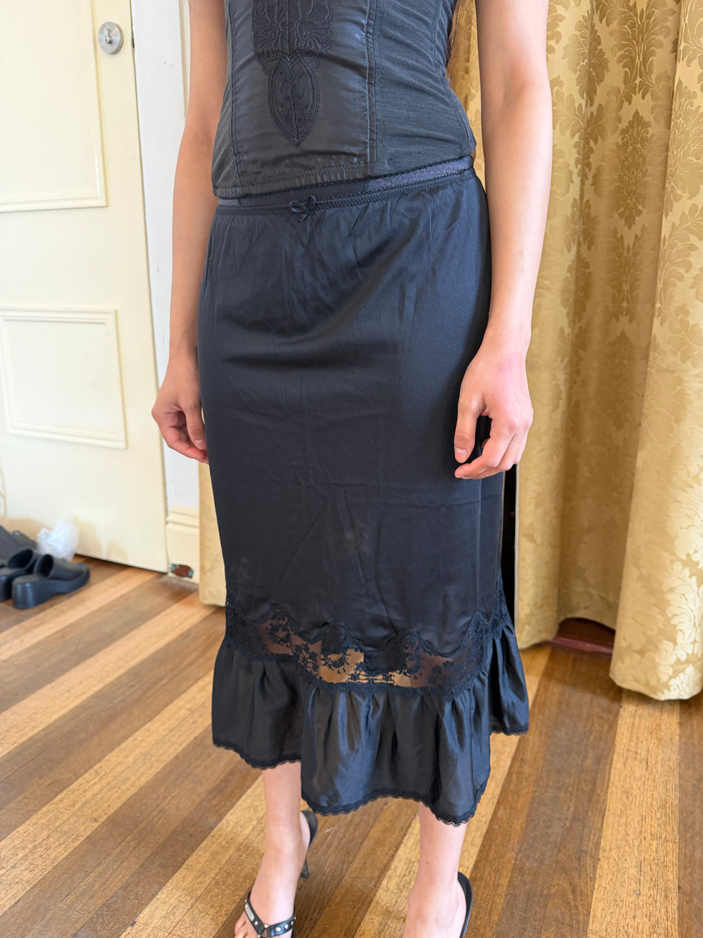 Black Midi Slip Skirt with Lace Ruffle Detail (S)
