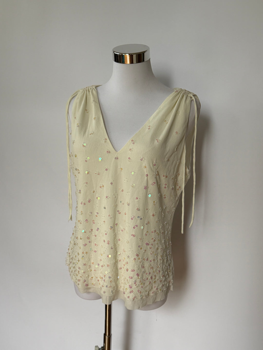 Vintage Y2K Cream Sequin Tie Strap Top (L/XL)