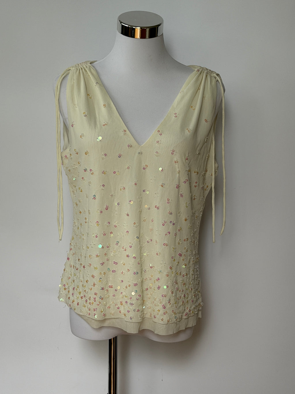 Vintage Y2K Cream Sequin Tie Strap Top (L/XL)
