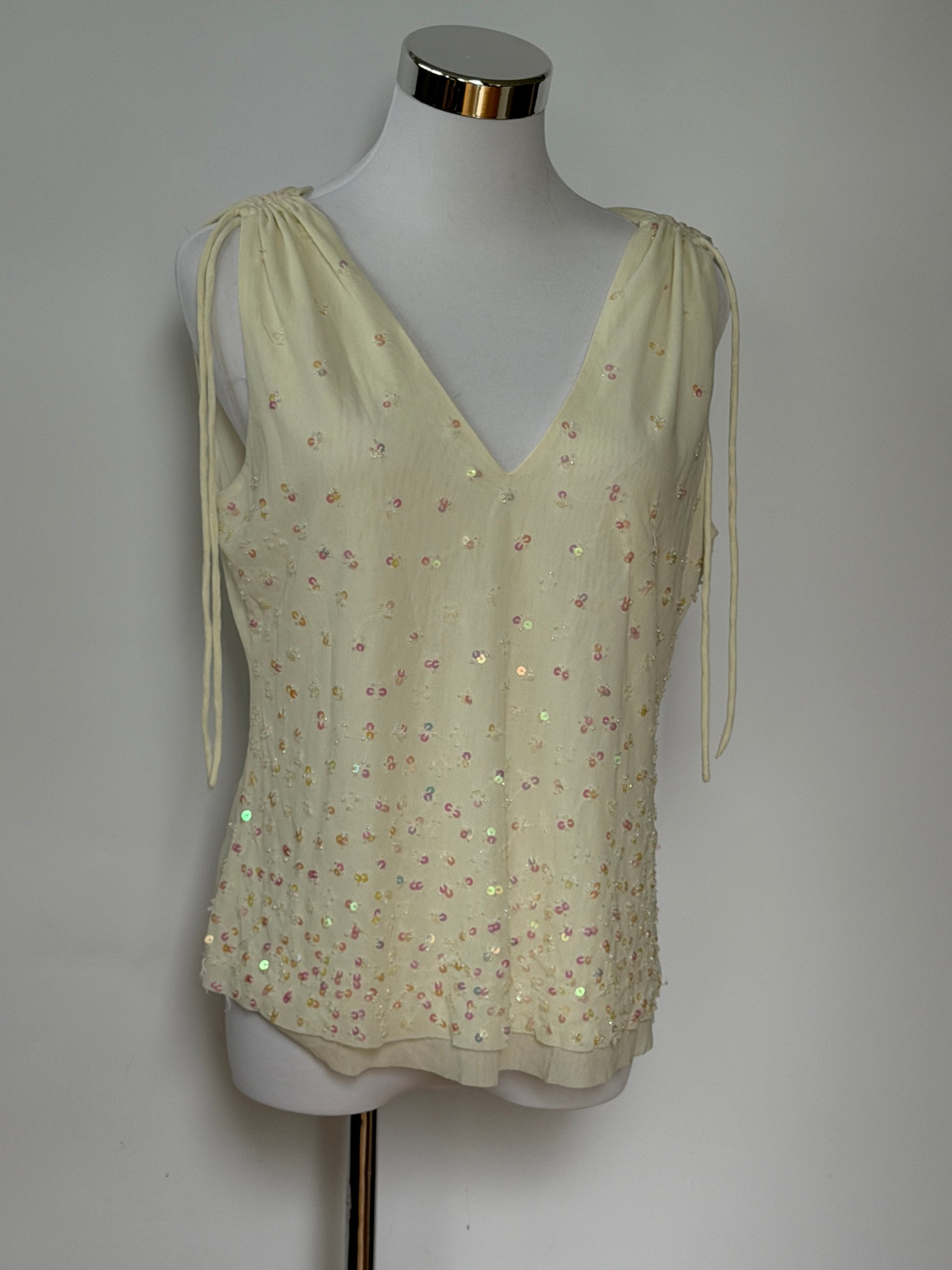 Vintage Y2K Cream Sequin Tie Strap Top (L/XL)