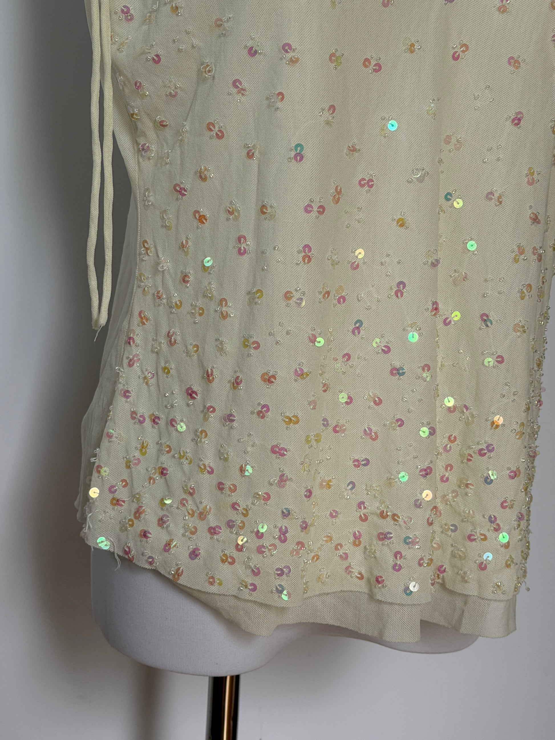 Vintage Y2K Cream Sequin Tie Strap Top (L/XL)
