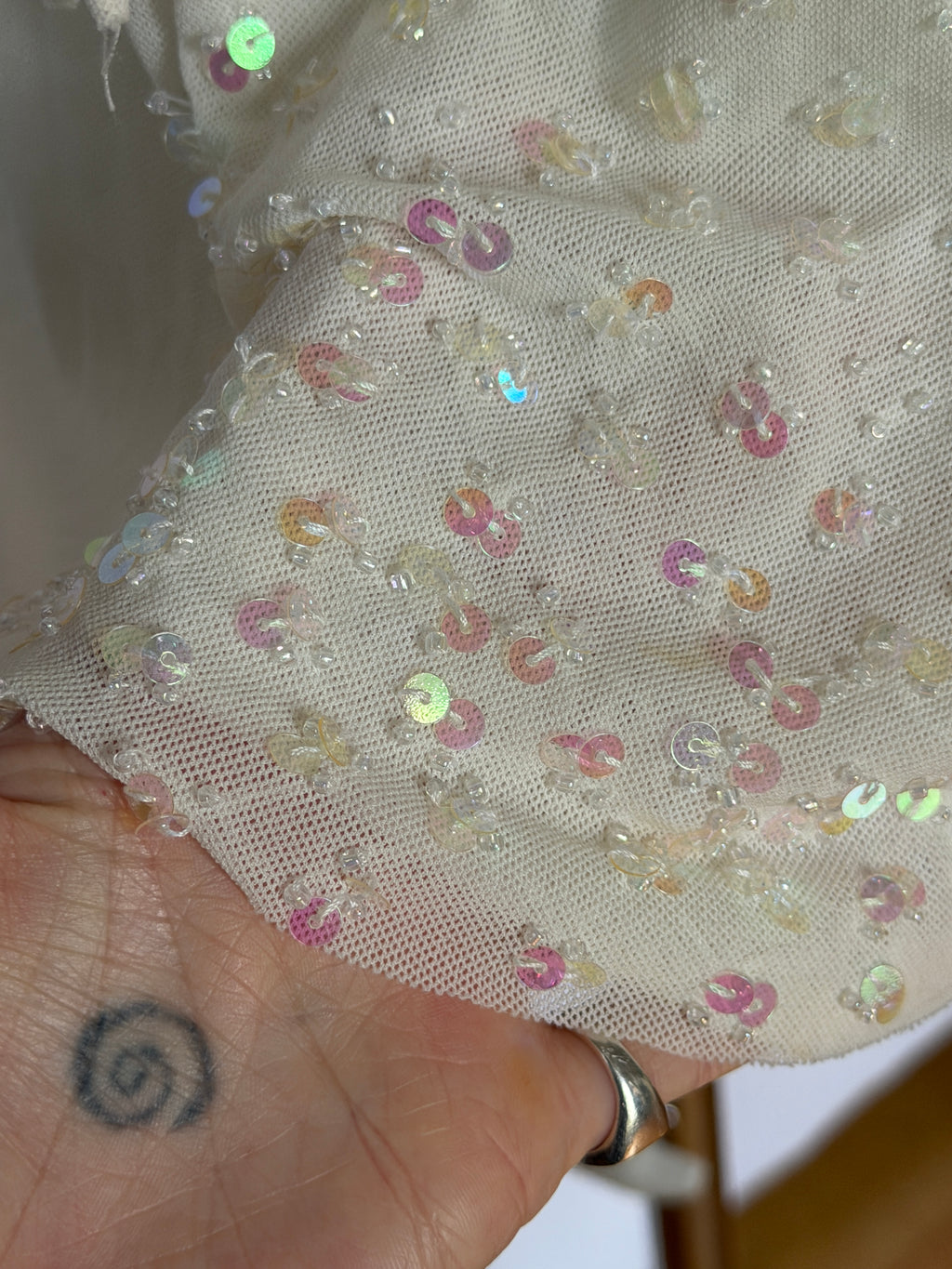 Vintage Y2K Cream Sequin Tie Strap Top (L/XL)