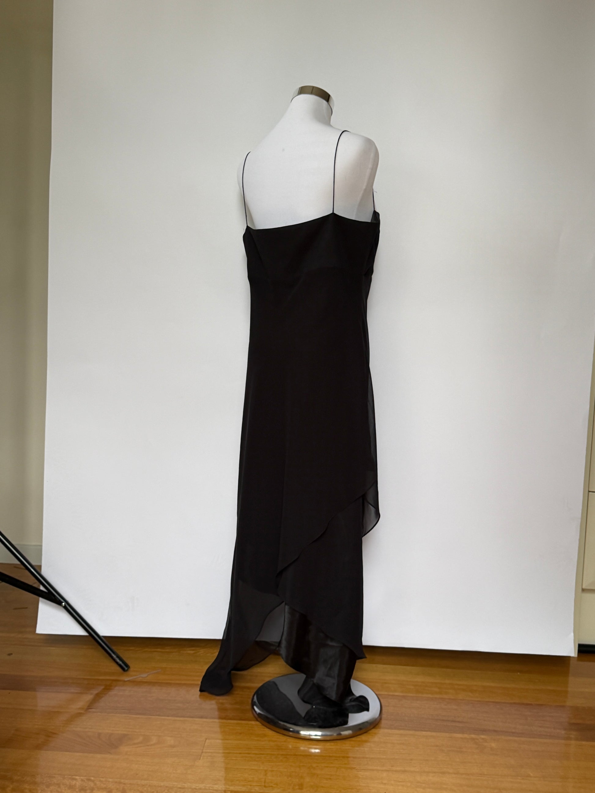 Vintage Y2K Black Satin Chiffon Cowl Neck Dress (XL/XXL)