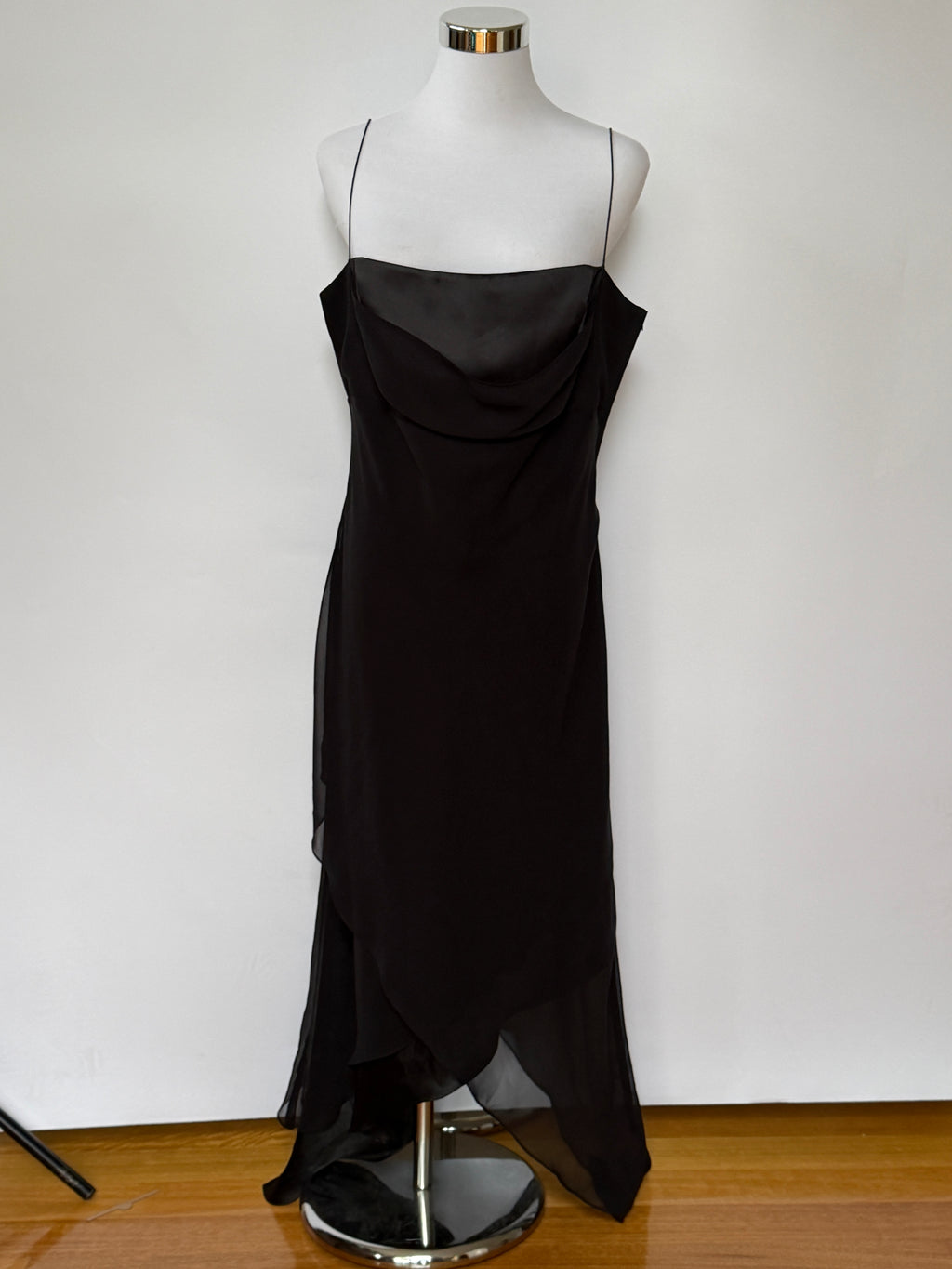 Vintage Y2K Black Satin Chiffon Cowl Neck Dress (XL/XXL)