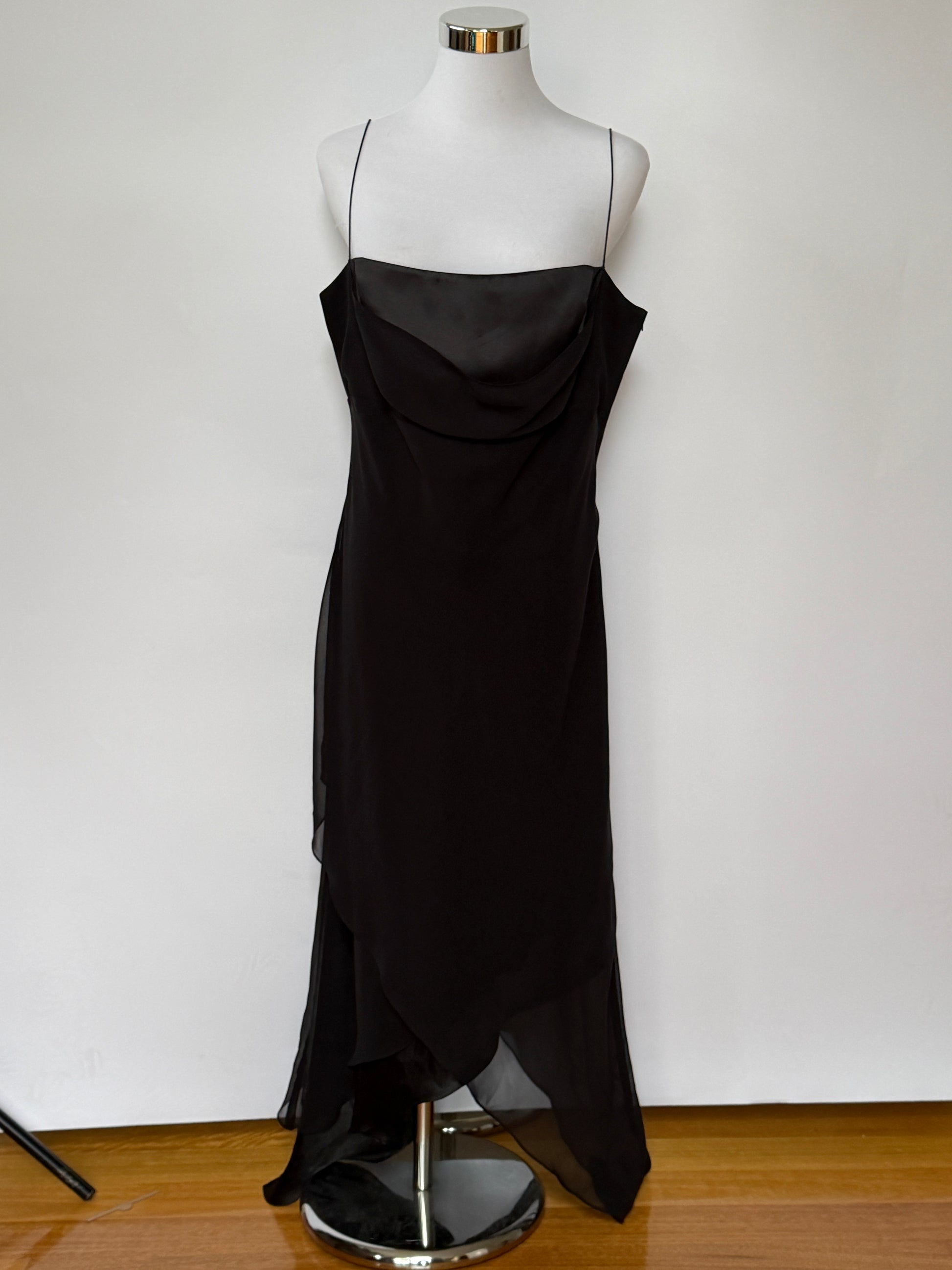 Vintage Y2K Black Satin Chiffon Cowl Neck Dress (XL/XXL)