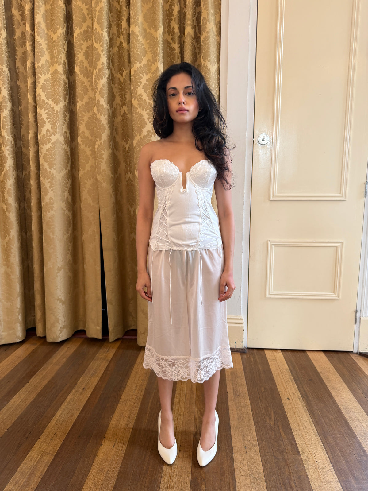 Cream Long Slip Shorts with Lace Hem (XS–M)