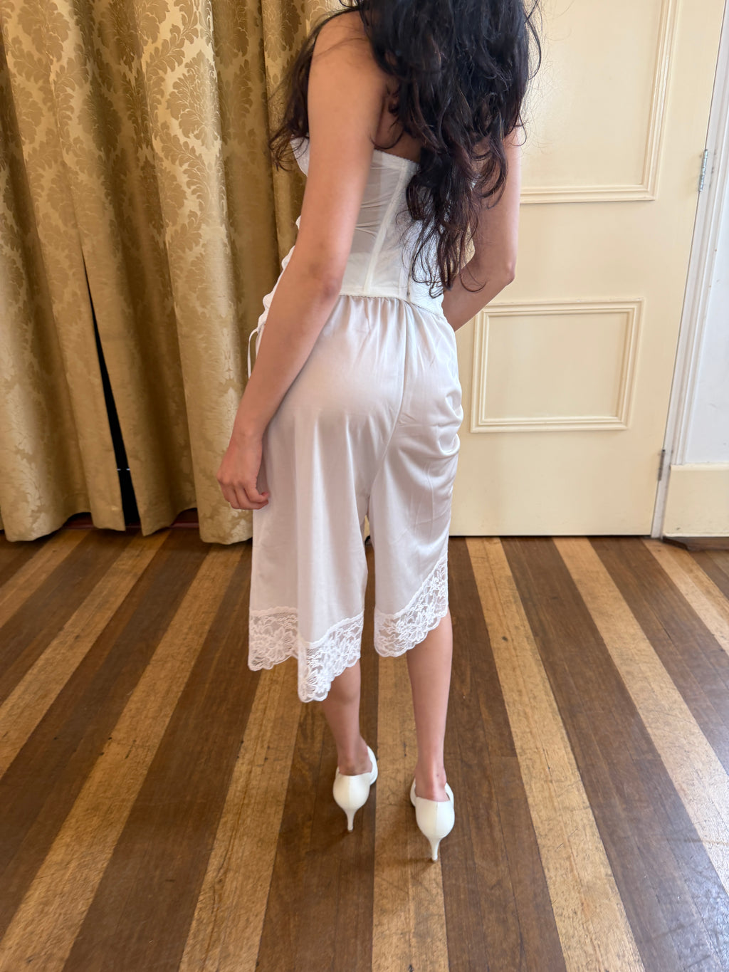 Cream Long Slip Shorts with Lace Hem (XS–M)