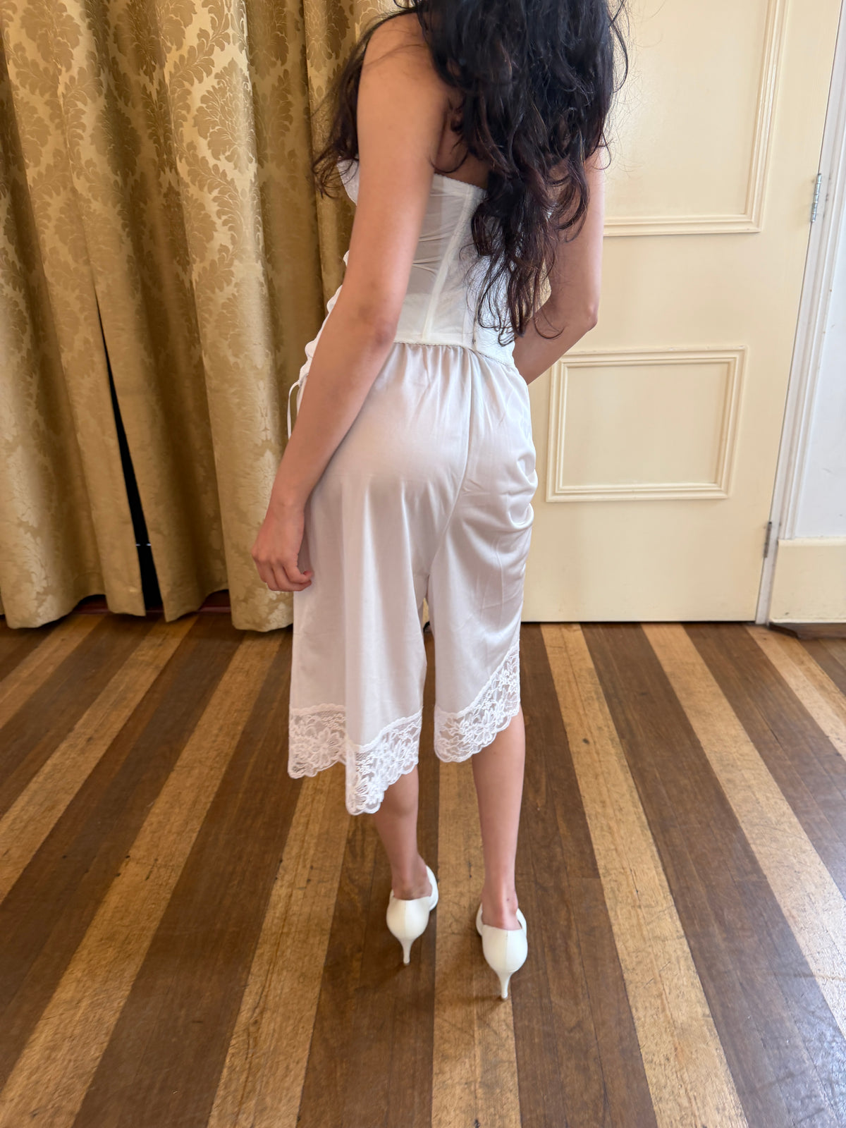 Cream Long Slip Shorts with Lace Hem (XS–M)