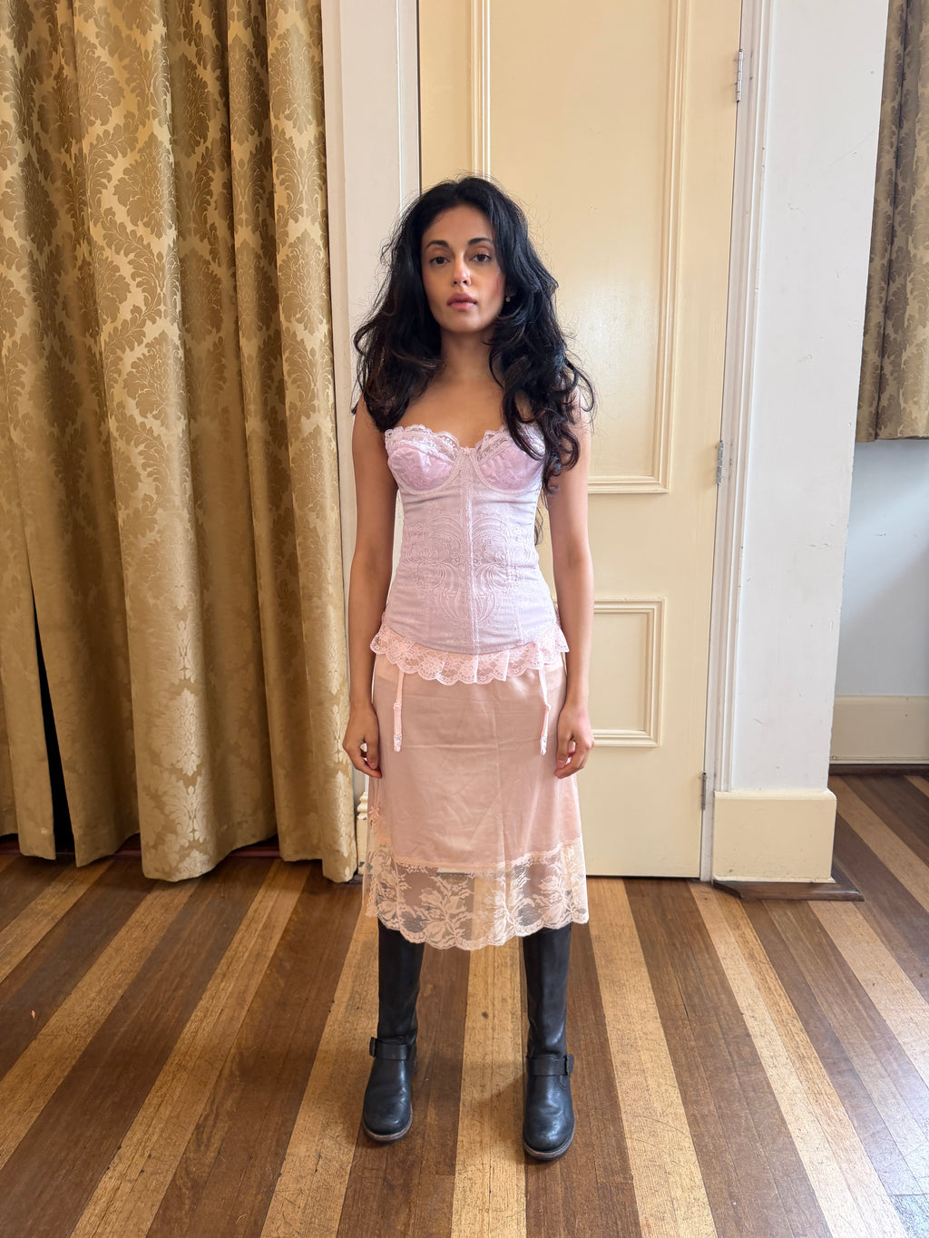Blush Pink Slip Skirt with Lace Trim (XS–S)