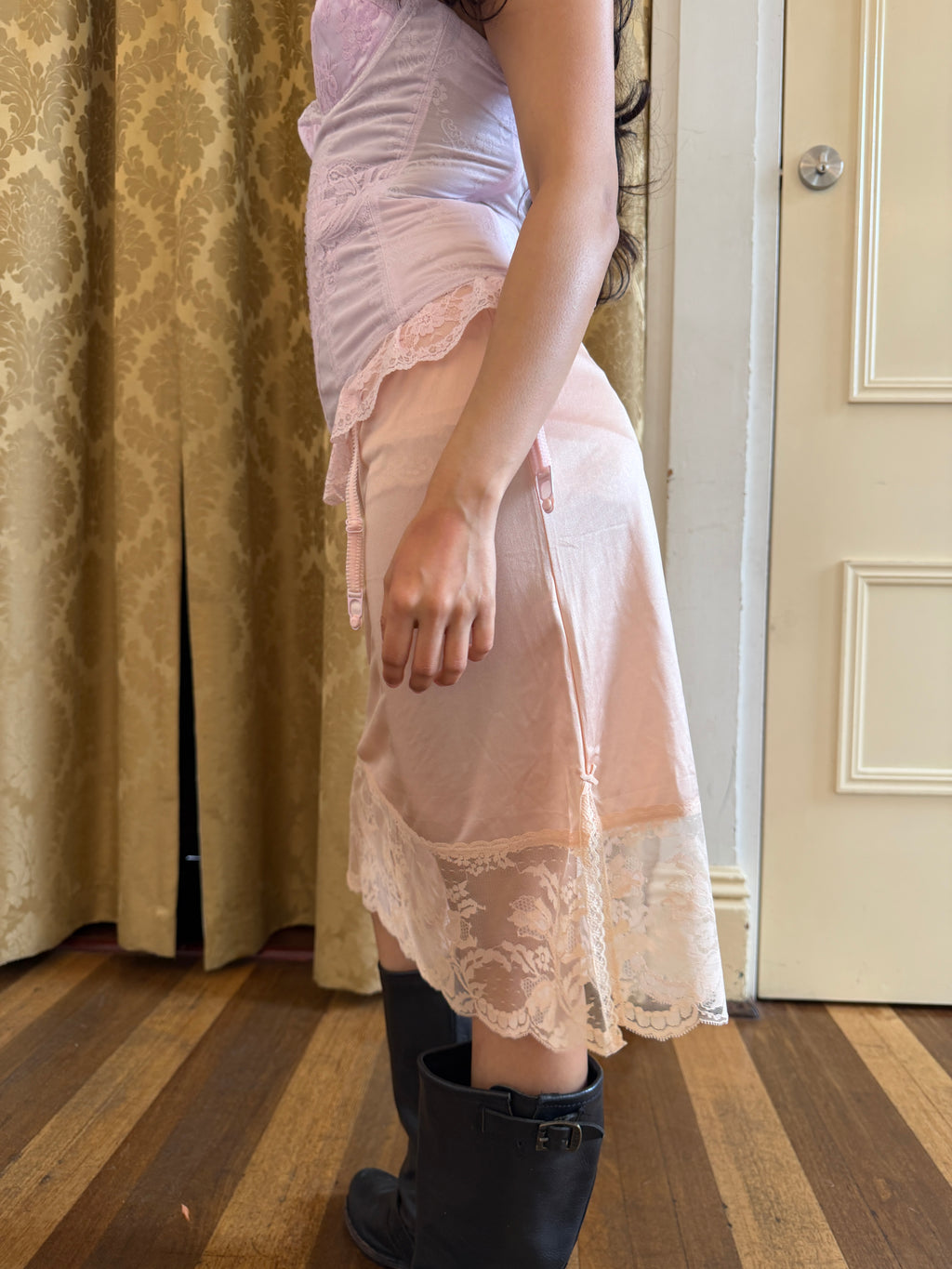 Blush Pink Slip Skirt with Lace Trim (XS–S)