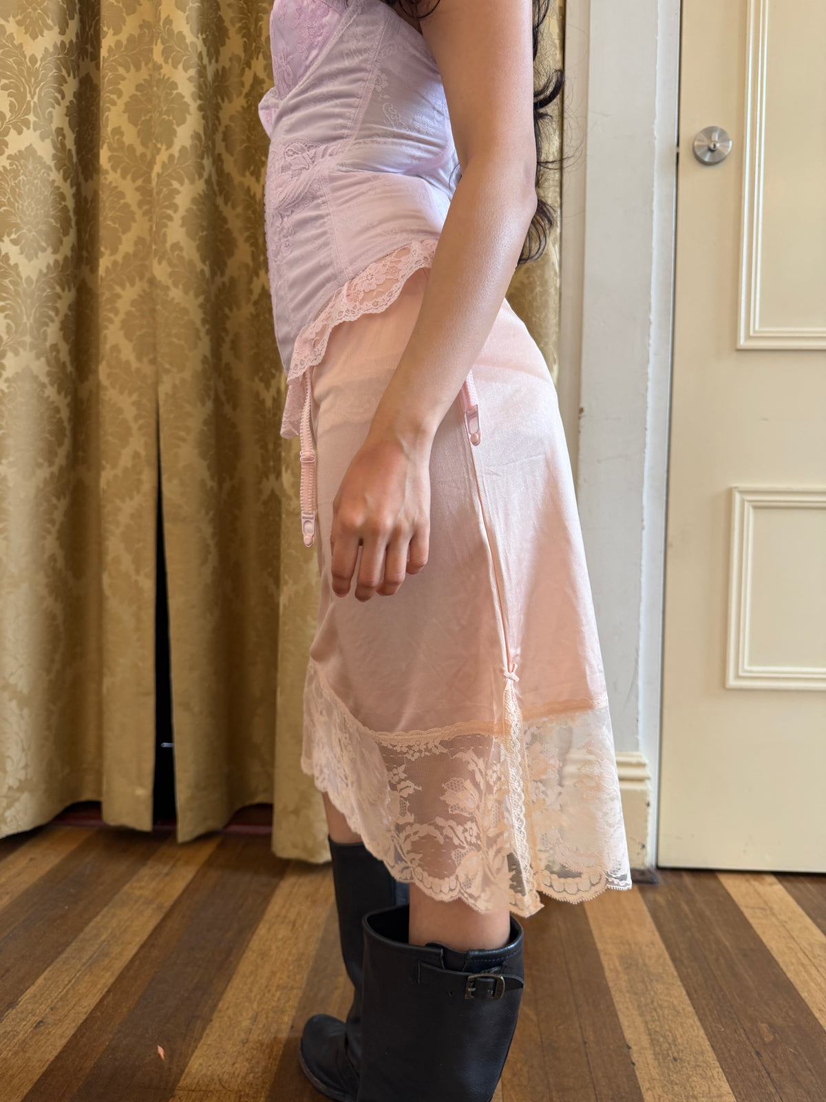 Blush Pink Slip Skirt with Lace Trim (XS–S)