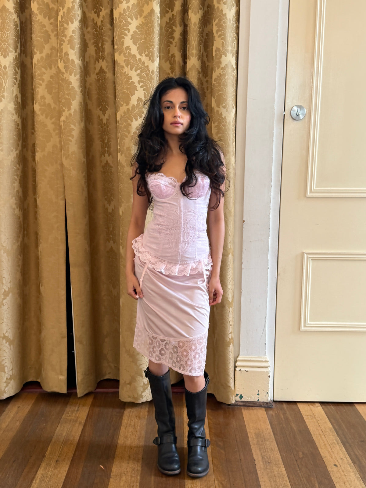 Blush Pink Midi Slip Skirt with Daisy Lace Hem (XS–S)