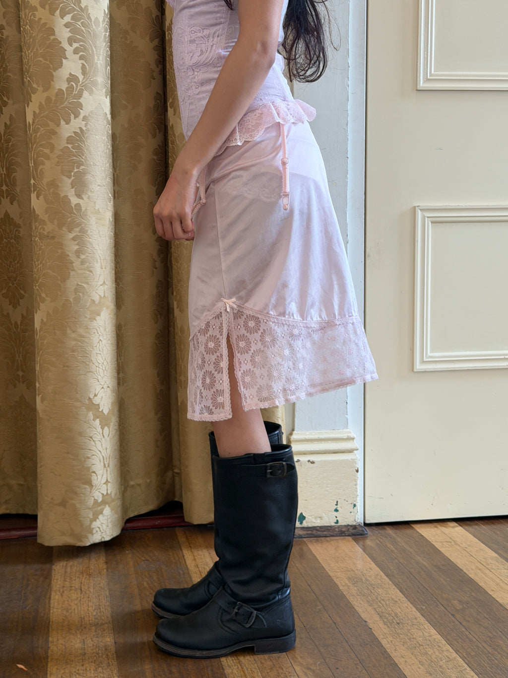 Blush Pink Midi Slip Skirt with Daisy Lace Hem (XS–S)