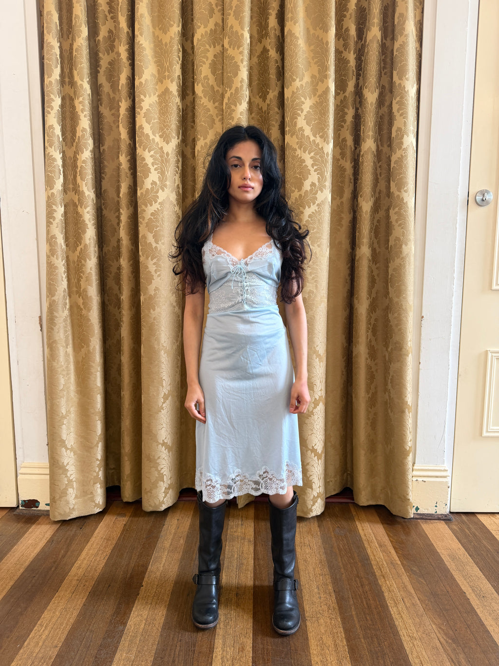 Baby Blue Lace-Up Slip Dress with Lace Trim (S–M)