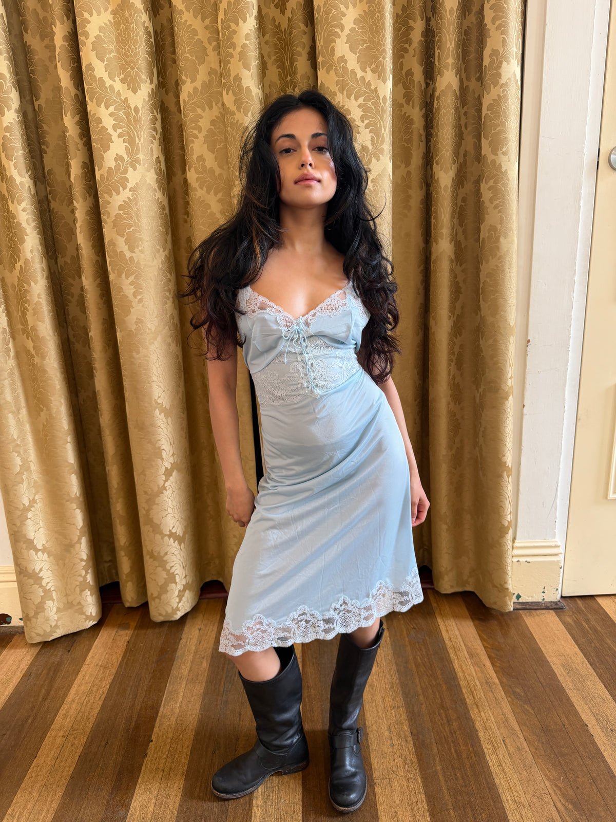 Baby Blue Lace-Up Slip Dress with Lace Trim (S–M)
