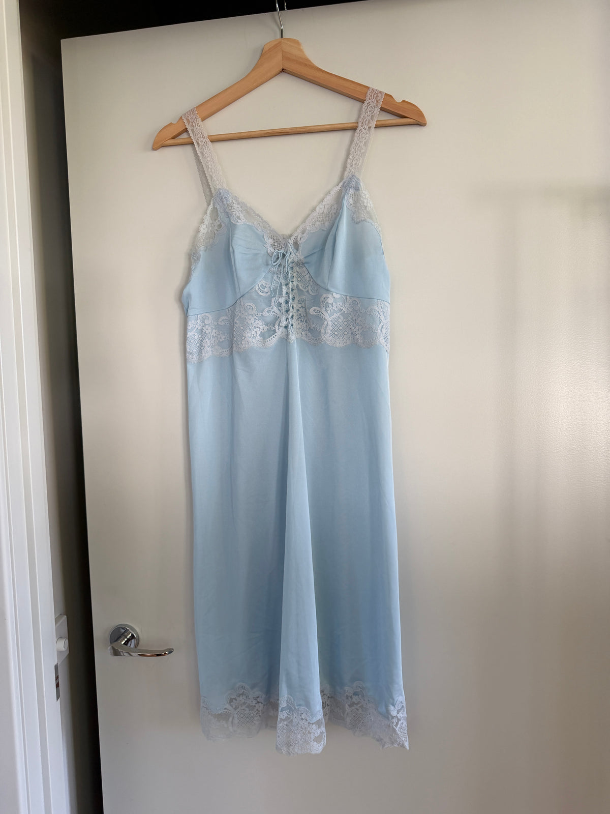 Baby Blue Lace-Up Slip Dress with Lace Trim (S–M)