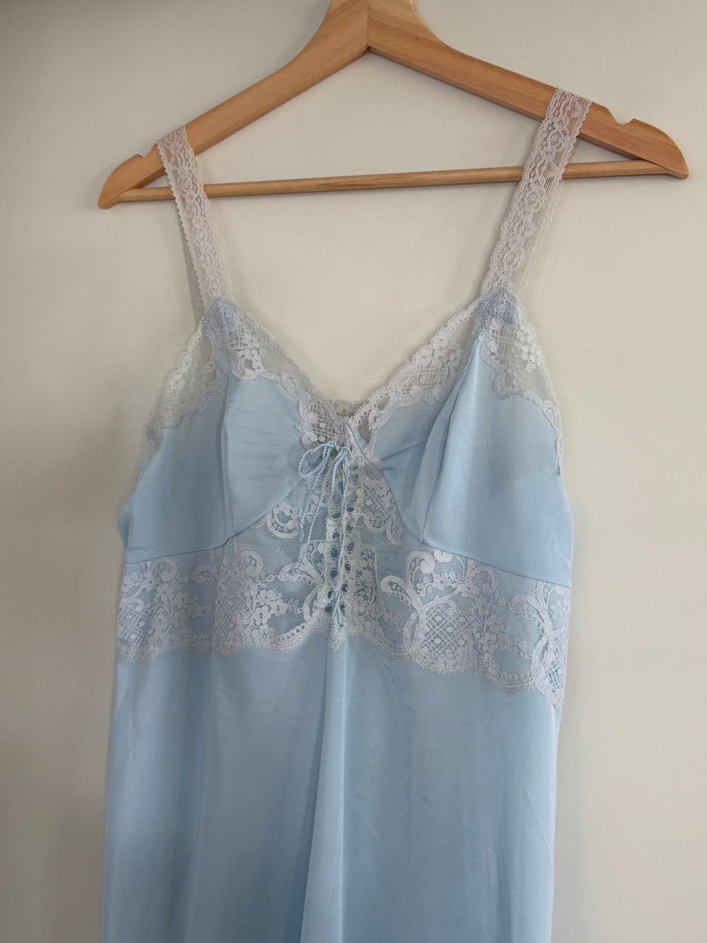 Baby Blue Lace-Up Slip Dress with Lace Trim (S–M)