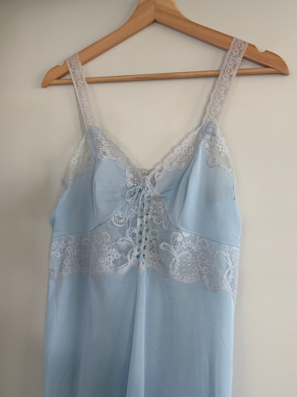 Baby Blue Lace-Up Slip Dress with Lace Trim (S–M)