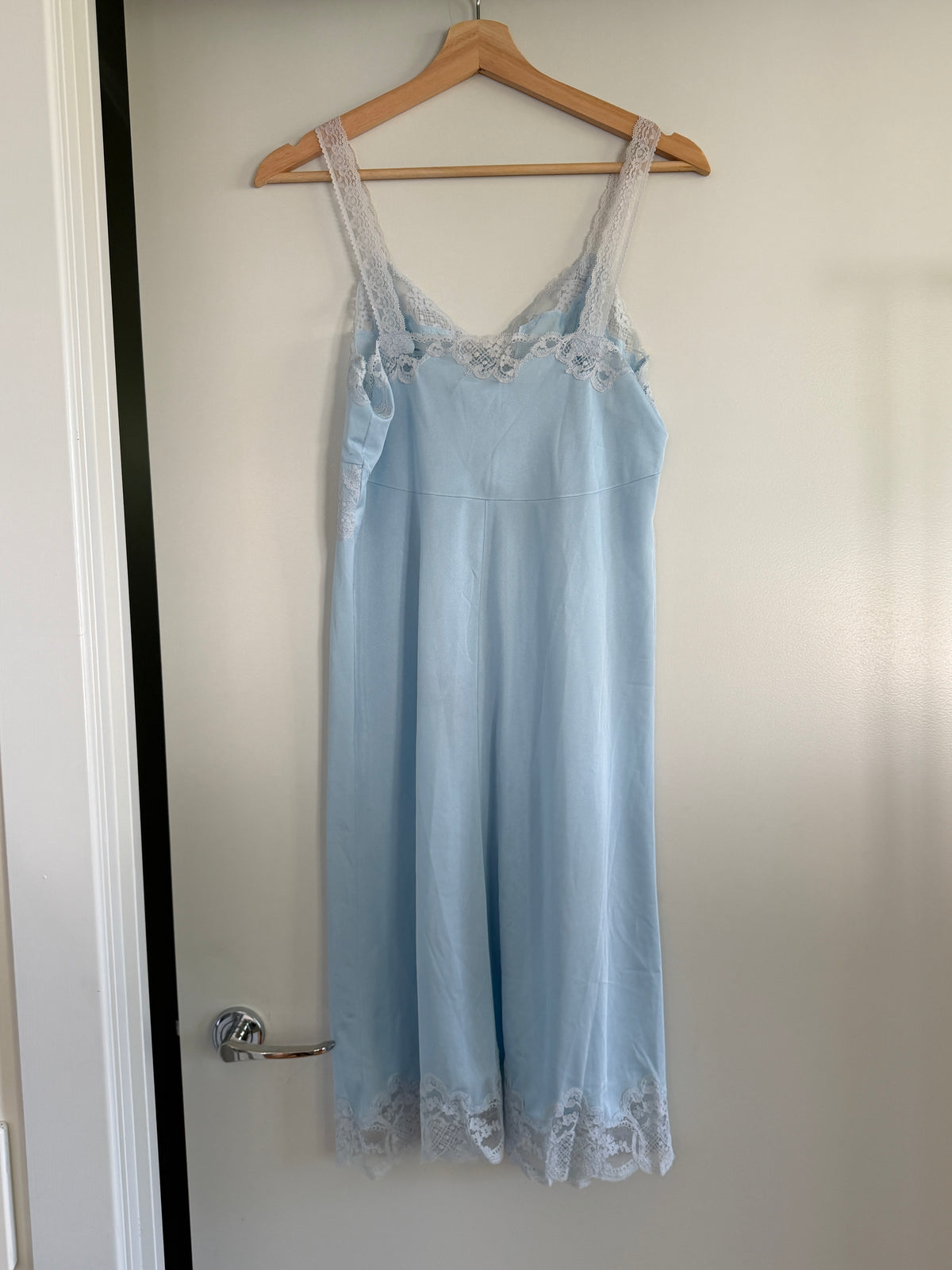 Baby Blue Lace-Up Slip Dress with Lace Trim (S–M)