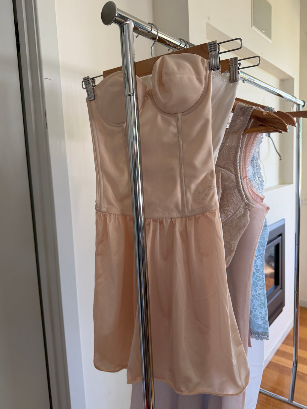 Blush/Cream Strapless Corset Slip Dress (XS–S)