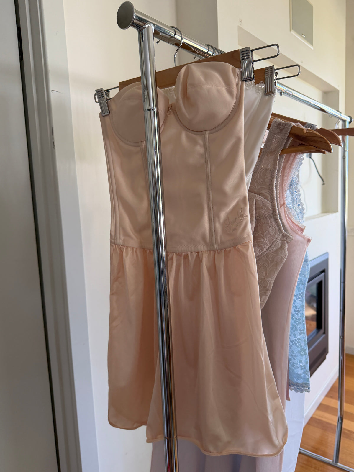 Blush/Cream Strapless Corset Slip Dress (XS–S)