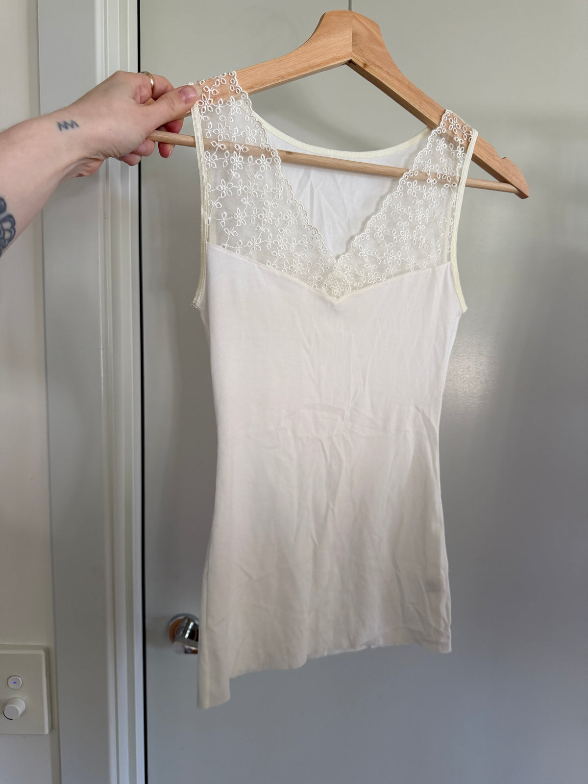 Cream Ribbed Tank with Lace Daisy Yoke (XS)