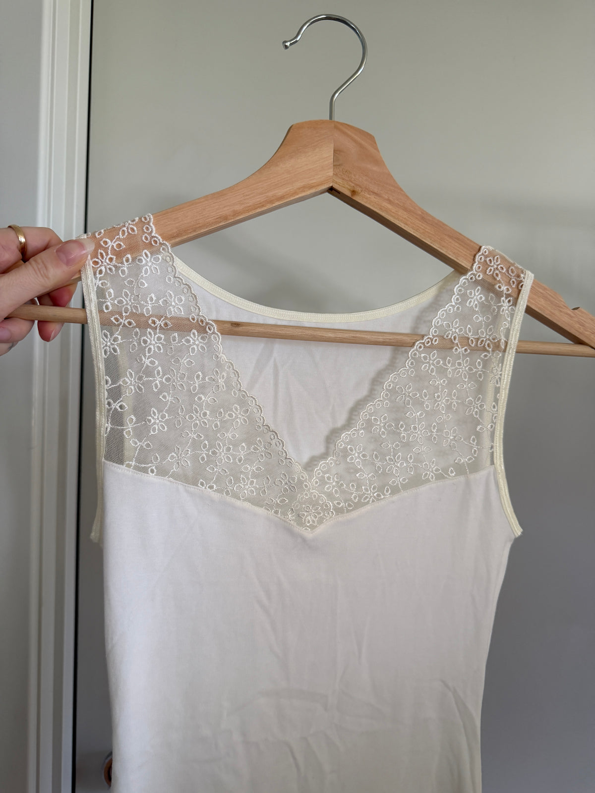 Cream Ribbed Tank with Lace Daisy Yoke (XS)