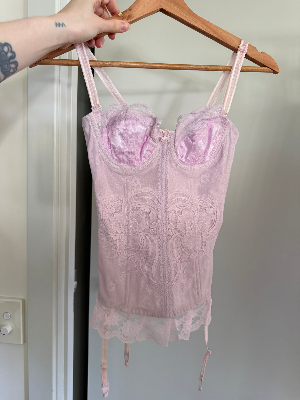 Pale Purple Pink Lace Corset Top with Garter Clips (XS)