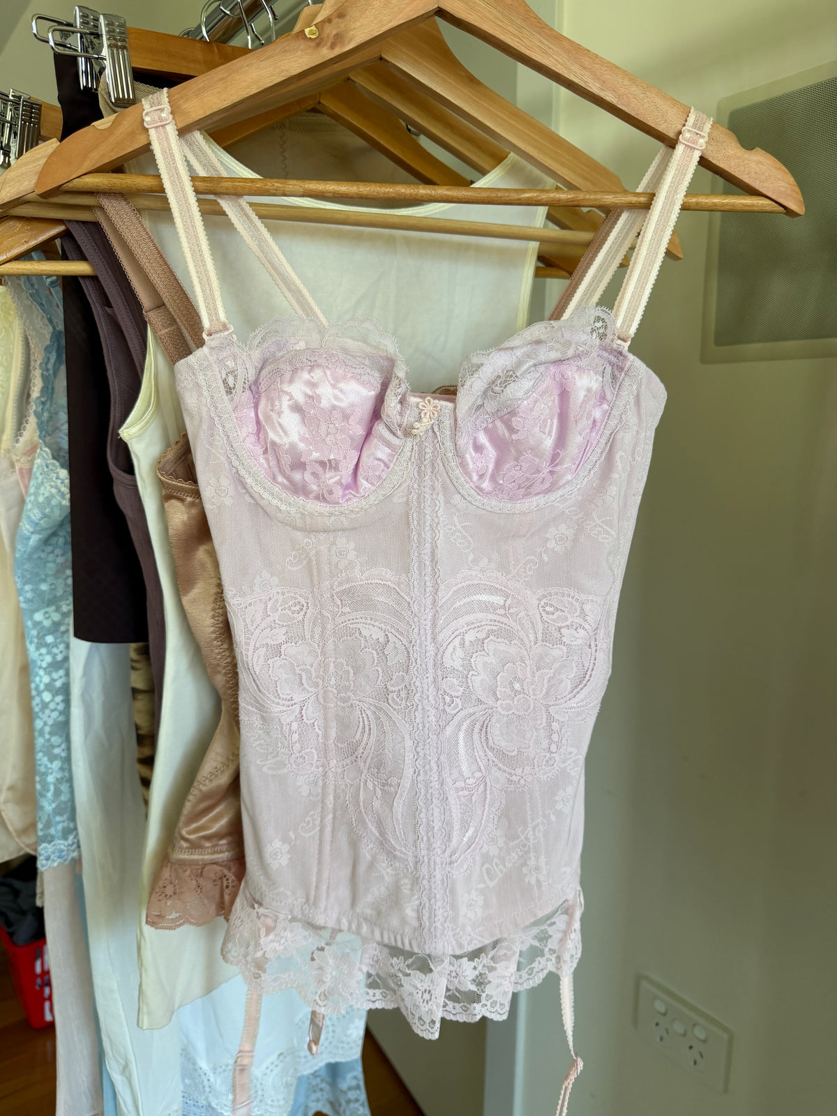 Pale Purple Pink Lace Corset Top with Garter Clips (XS)