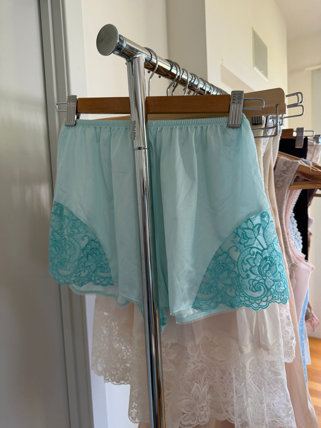 Baby Blue Slip Shorts with Lace Trim (XS–S)