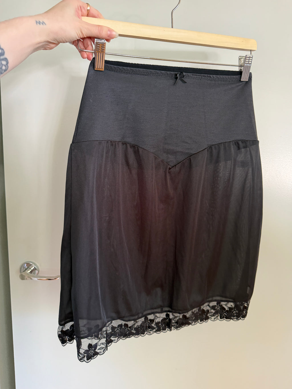Black Slip Skirt with V Waist Band & Lace Hem (S)