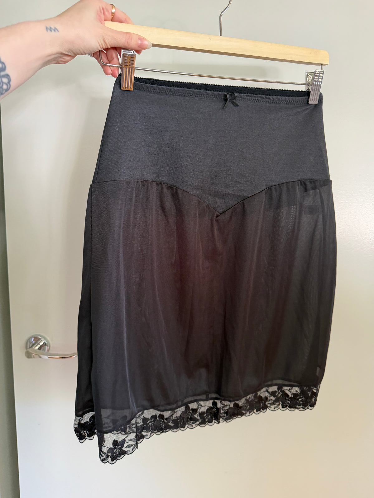 Black Slip Skirt with V Waist Band & Lace Hem (S)